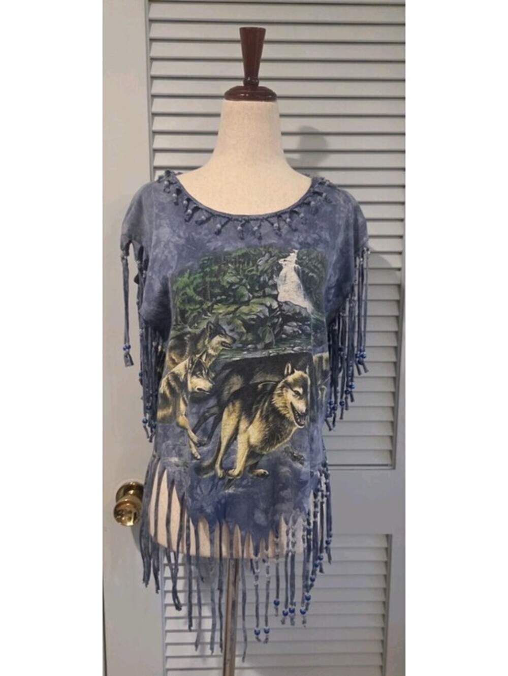 Rainforest Cafe Vintage Blue Tie Dye Wolf Print 1999 Altered *READ